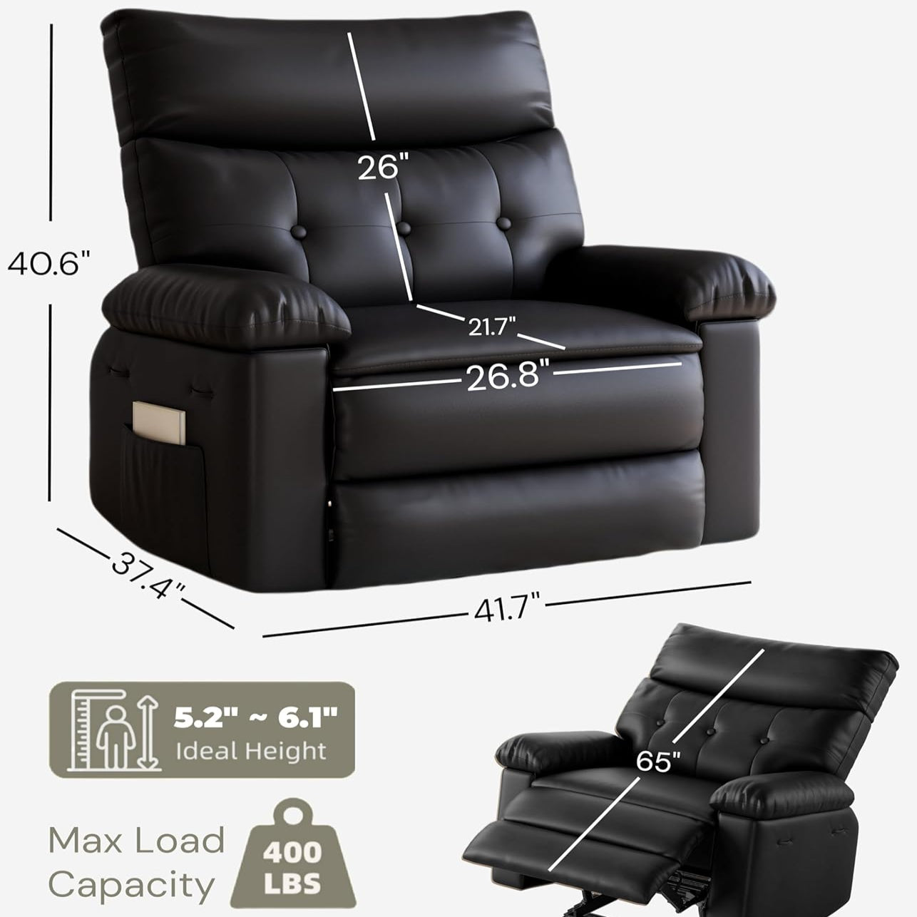 Garvee Extra Wide Comfort Recliner Chair for Adults - Oversized Black Leather Manual Sofa - 1.5X Thick Sponge Cushions, Comfortable Armchair - Living Room, Bedroom, Nursing Room - Black
