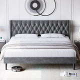 Garvee Full Bed Frame, Upholstered Bed Frame with Velvet Headboard Wingback, Platform Bed Frame with Button Tufted Headboard, Strong Wood Slats Support, No Box Spring Needed, Easy Assembly, Gray - grey
