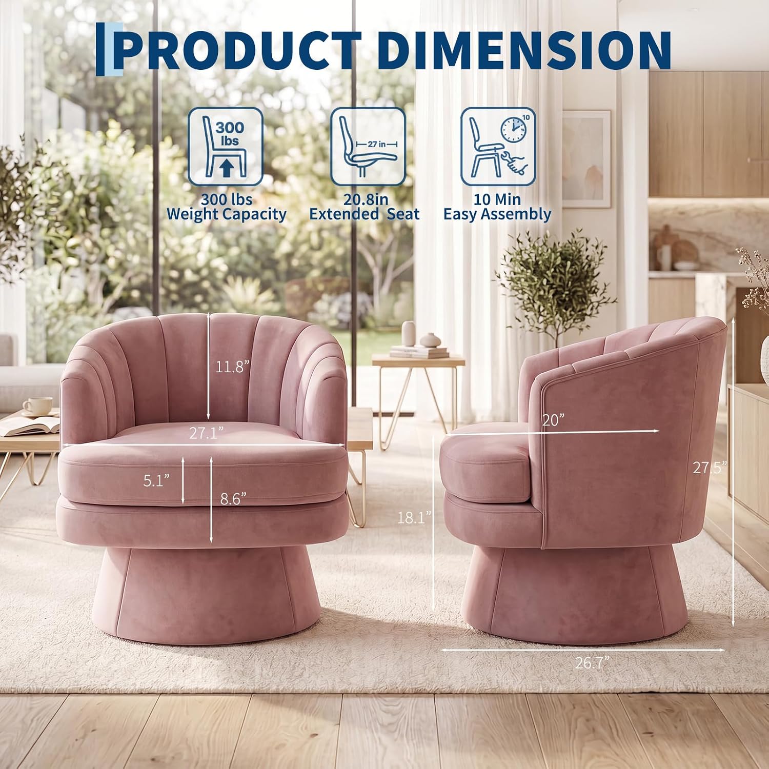 Garvee 360° Swivel Barrel Accent Chair with Lumbar Pillow, Soft Upholstered Single Armchair, Round Base for Living Room/Bedroom/Vanity - With lumbar pillow | velvet | pink