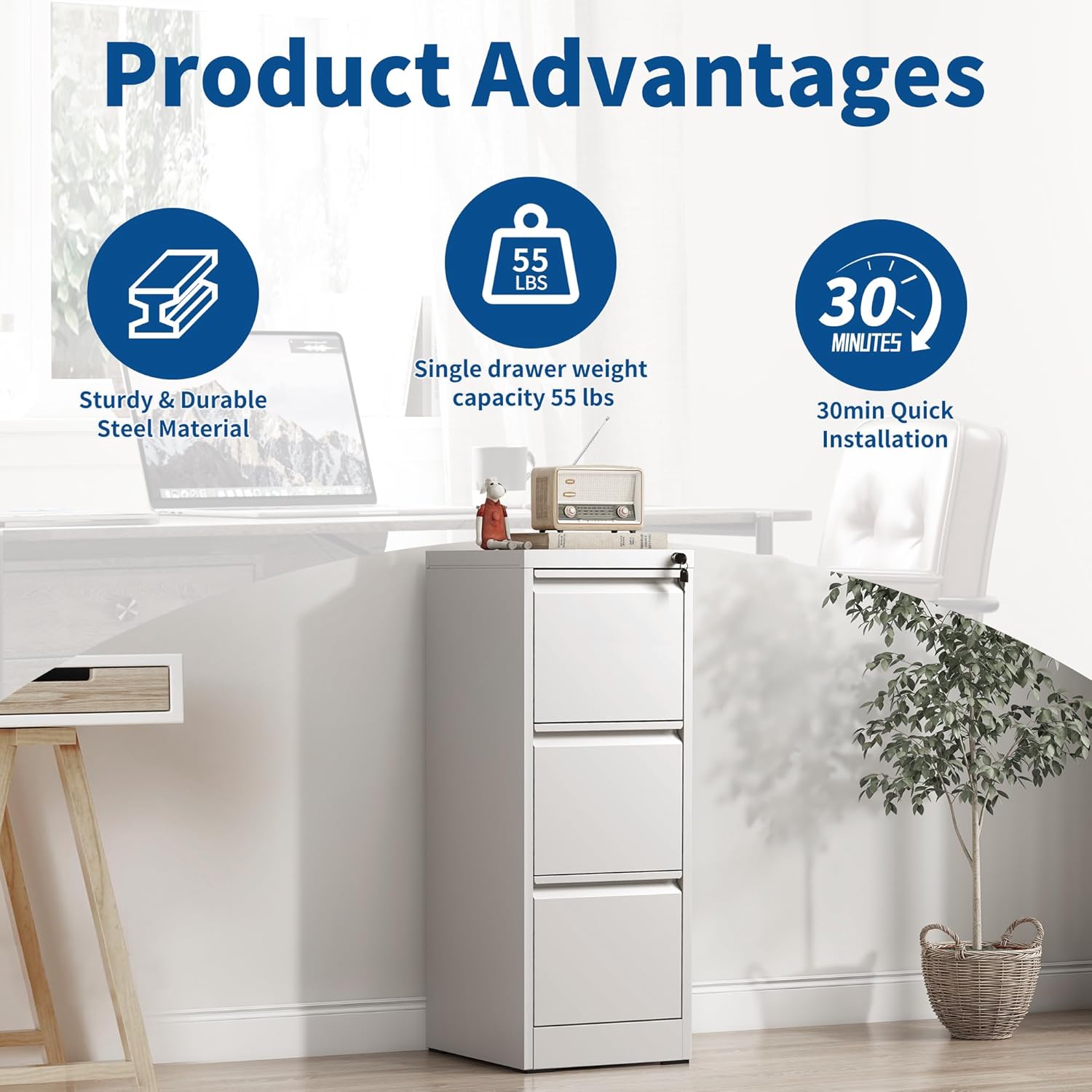 Garvee 3-Drawer File Cabinet with Lock, Heavy Duty Vertical Filing Cabinets for Home Office, Secure Locking Metal Steel Storage Cabinet for Letter/Legal Size File, Assembly Required, White