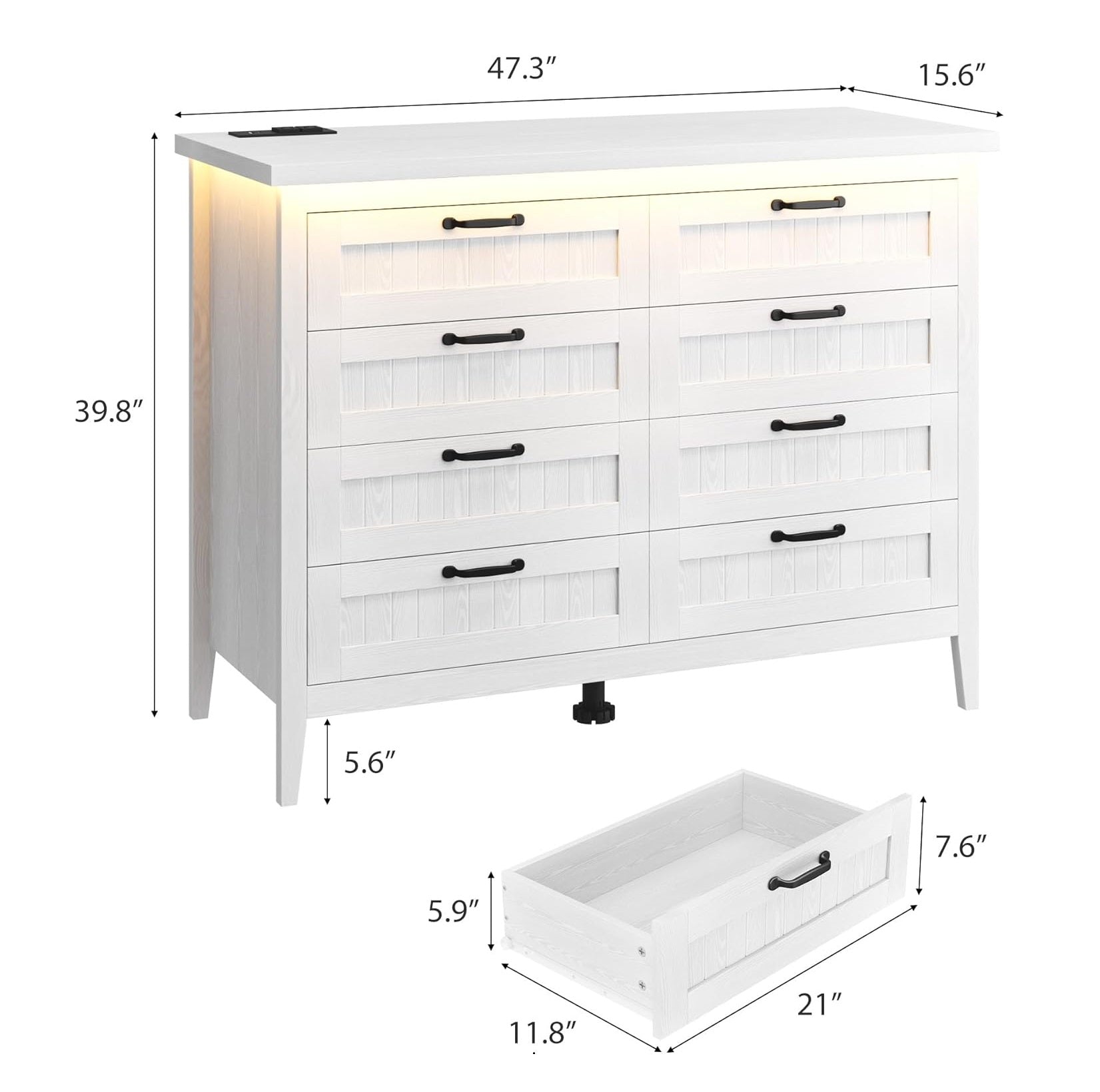 Garvee 8 Drawer Dresser with Power Outlet, White Dresser with LED Light, Modern Chest of Drawers for Closet, Double Wide Drawer Organizer Cabinet for Bedroom, Living Room