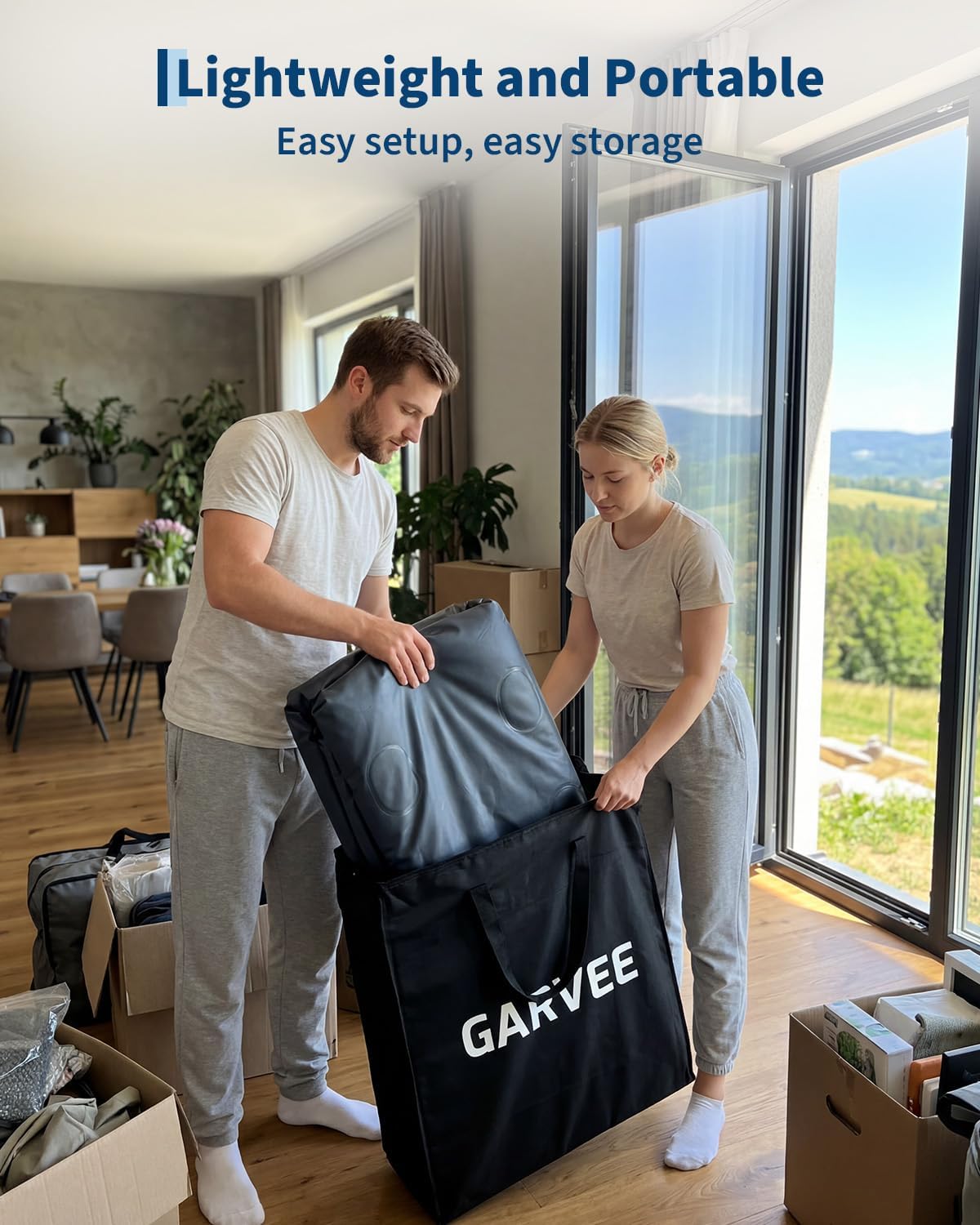 Garvee 20" Raised Air Mattress with Built-in Electric Pump, Self-Inflating in 3–4 Minutes, Flocked Top & Honeycomb Support, Portable Inflatable Guest Bed for Home/Travel, 800 lb, Queen, PVC Navy Blue + Gray