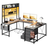 Garvee U Shaped Desk with Monitor Stand and LED Lights, U Shaped Gaming Desk with Storage Shelves, Large Computer Desk with Power Outlets, Large Corner Office Desk with 4 Drawers,Oak - Oak