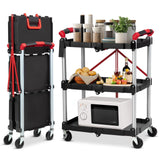 Garvee Folding Utility Service Cart, Collapsible Cart with Wheels, 3 Tier Rolling Utility Cart, Folding Cart with Wheels Collapsible, Service Cart for Tool, Grocery, Kitchen, Office - Black