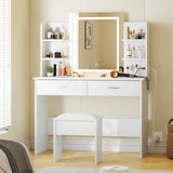 Garvee Vanity Desk with Mirror and Lights, Makeup Vanity Set w/Desk and Chair, Power Outlet, Makeup Vanity Desk with 6 Storage Shelves, 2 Large Drawers and 3 Color Adjustable Brightness, White - White