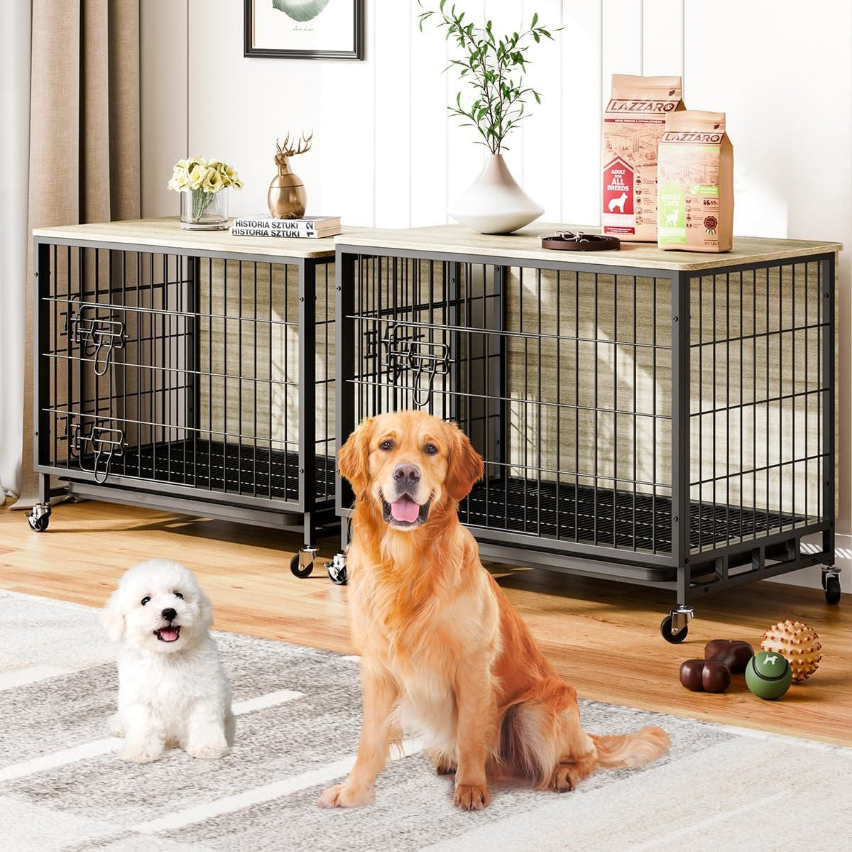 Garvee Dog Crate Furniture, Furniture Style Dog Crate with Removable Tray and Wheels, Heavy-Duty Double-Doors Dog Cage End Table, 27.2" Wooden Dog Kennel, Indoor Dog House, Grey