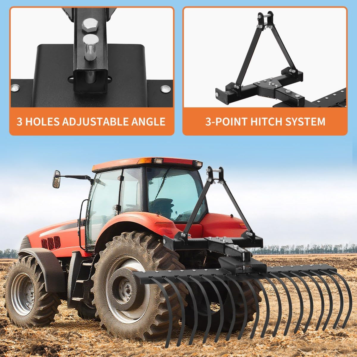 Garvee 50" Landscape Rake 3-Point Hitch CAT-0 CAT-1 Tractor 360° Rotation Replaceable Spring Steel Tines Quick Mount Carbon Steel Frame for Brush Clearing