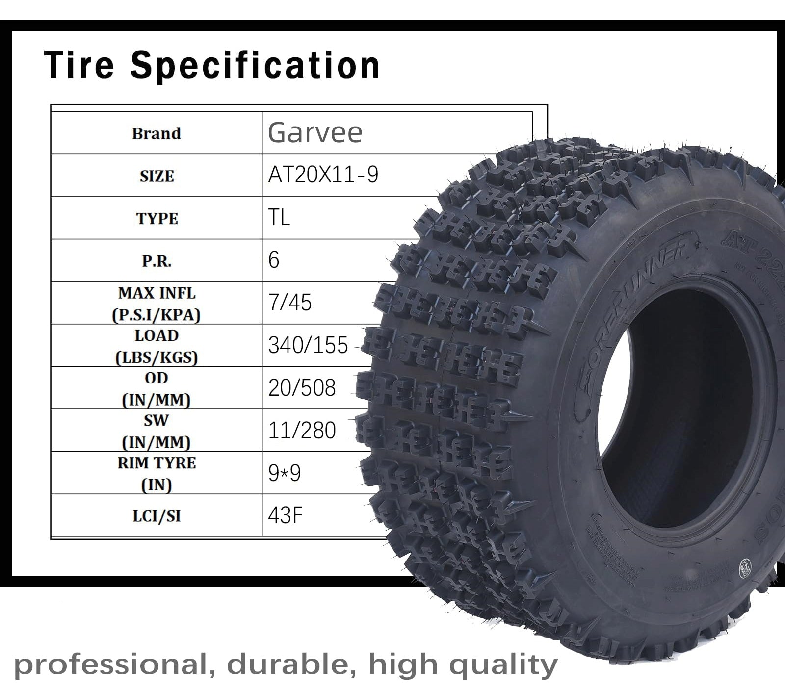 Garvee Set Of 4 ATV UTV All-Terrain Tires 22x7-10 Front 20x11-9 Rear 6-Ply Tubeless