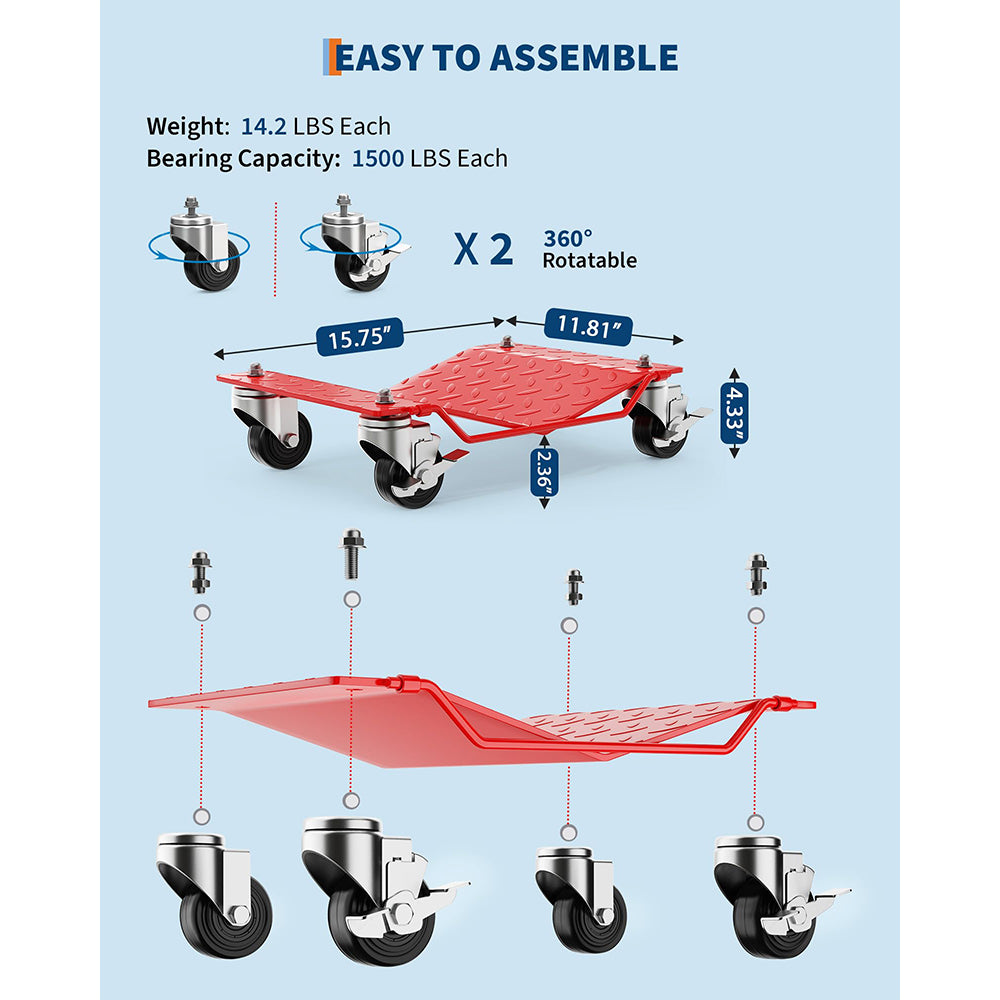 Garvee Car Wheel Dolly Set of 4 Heavy Duty Vehicle Mover with Brakes for Cars, Trucks, Trailers, Motorcycles, Red, 6000LBS Capacity