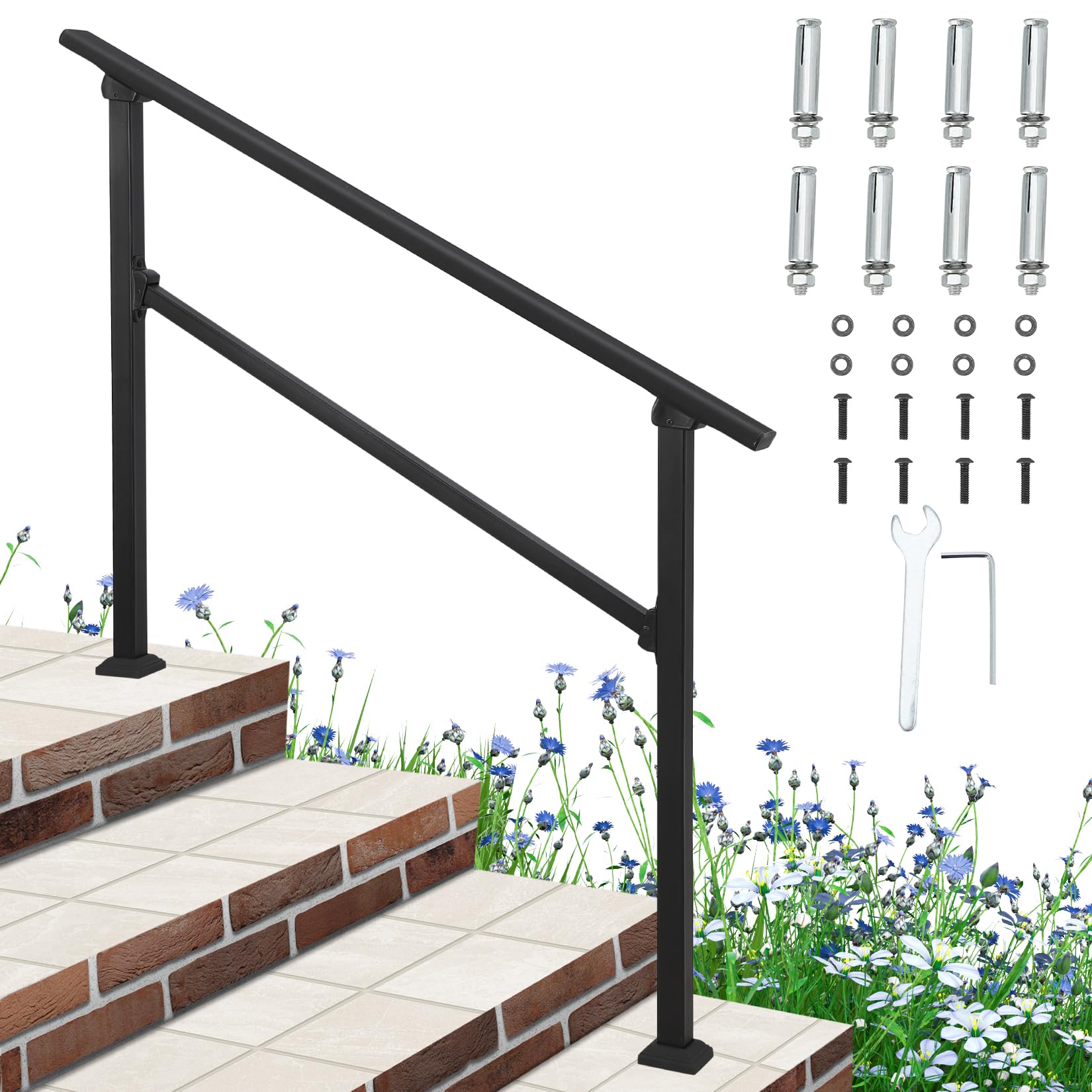 Handrails for Outdoor Steps, 3 Step Handrail Fit 2 or 3 Steps Outdoor Stair Railing, Metal Porch Railing, Deck Handrail, Aluminium Alloy Hand Rails kit for Concrete, Porch Steps