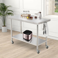 Garvee 48"L x 24"W x 35"H Stainless Steel Work Table Heavy Duty Prep Table with Undershelf, High Load Bearing Metal Table, Commercial Worktable with Backsplash, 4 Wheels, Hooks for Kitchen
