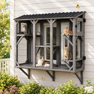 Garvee 65" Large Outdoor Cat Catio, Wooden Cat Enclosure with Sloped Roof, Weatherproof Cat House with Platforms for Backyard Patio Balcony, Easy Assembly