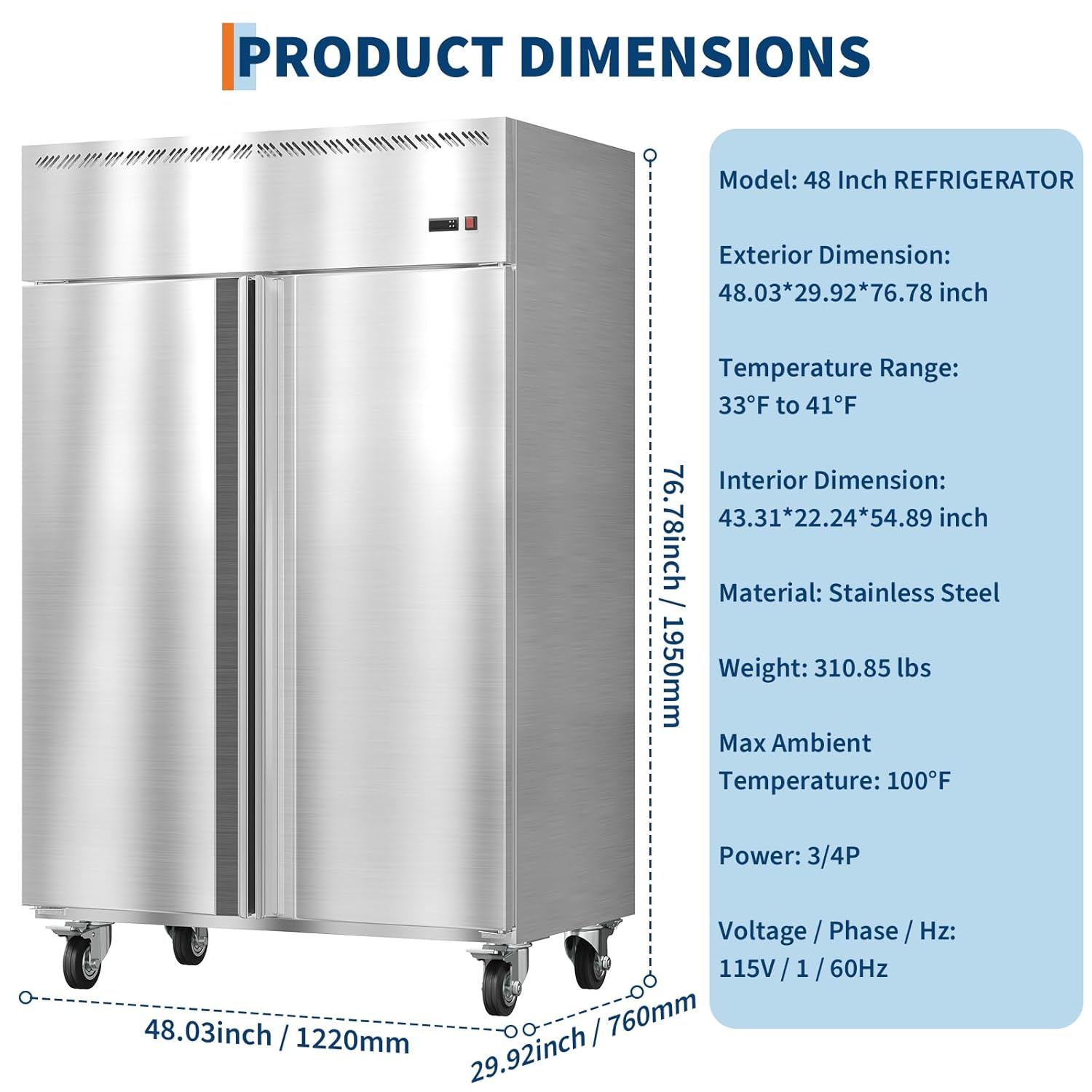 Garvee 48" W Commercial Refrigerator 33-41°F,Reach-in 36 Cu.ft 2 Door Stainless Steel Commercial Refrigerator Fan Cooling,6 Adjustable Shelves, Auto Defrost, for Restaurant,Bar,Kitchen,Shop