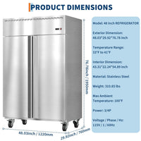 Garvee 48" W Commercial Refrigerator 33-41°F,Reach-in 36 Cu.ft 2 Door Stainless Steel Commercial Refrigerator Fan Cooling,6 Adjustable Shelves, Auto Defrost, for Restaurant,Bar,Kitchen,Shop