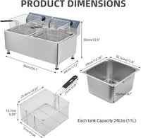 Garvee 23.2QT Deep fryer, Commercial Deep Fryer 22L Dual Tank Electric Deep Fryers with Basket Electric Countertop Fryer, for Extra Large Thick Frying Basket and Lid, 1700 W, 110V