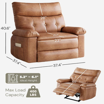 Garvee Recliner Chair for Adults, PU Leather Manual Recliner with Side Pocket, Lazy Chair with 1.5X Sponge Comfort Arm and Back for Living Room, Bedroom, Brown
