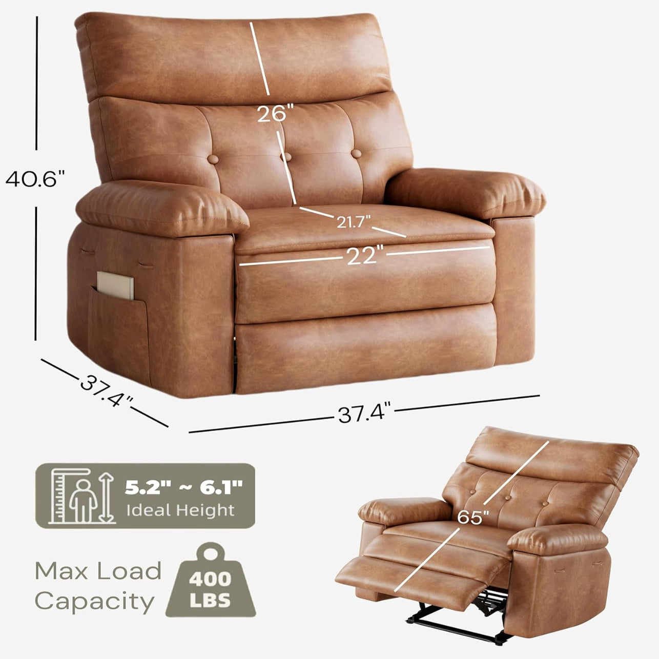 Garvee Recliner Chair for Adults, PU Leather Manual Recliner with Side Pocket, Lazy Chair with 1.5X Sponge Comfort Arm and Back for Living Room, Bedroom, Brown