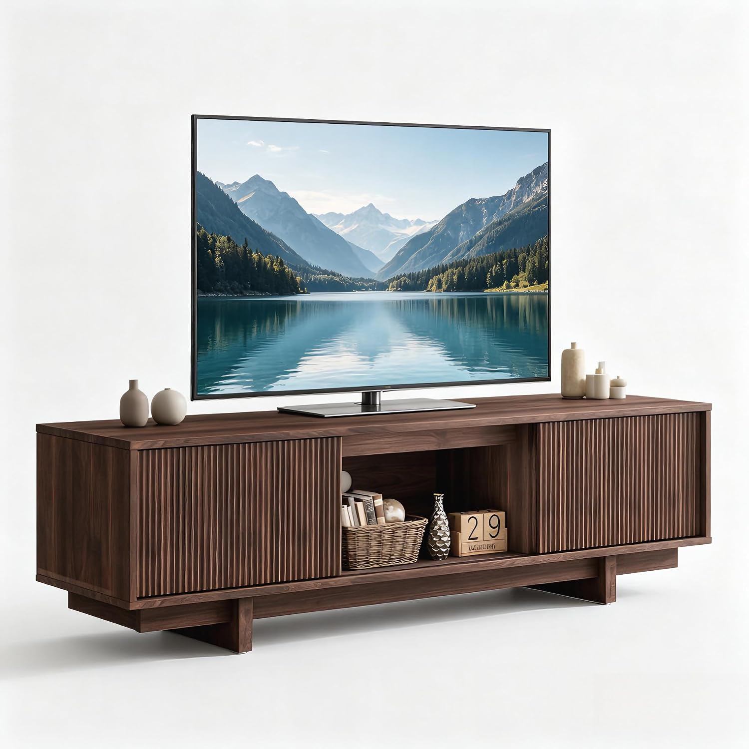 Garvee Walnut Mid-Century Modern TV Stand for 55/63 Inch TVs – Fluted Wave-design Sliding Door, Media Console with Storage Cabinet, Entertainment Furniture – Color: Walnut