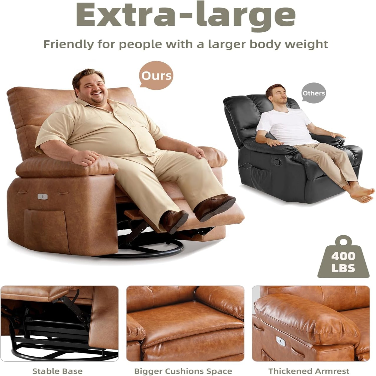 Garvee Extra Wide Comfort Recliner Chair for Adults - Oversized Manual PU Leather Sofa - Overstuffed Arms & Back, Cup Holder, Retractable Armrests, Side Pocket - Living Room, Bedroom, Nursery - Brown