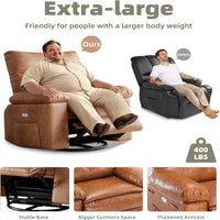 Garvee Extra Wide Comfort Recliner Chair for Adults - Oversized Manual PU Leather Sofa - Overstuffed Arms & Back, Cup Holder, Retractable Armrests, Side Pocket - Living Room, Bedroom, Nursery - Brown
