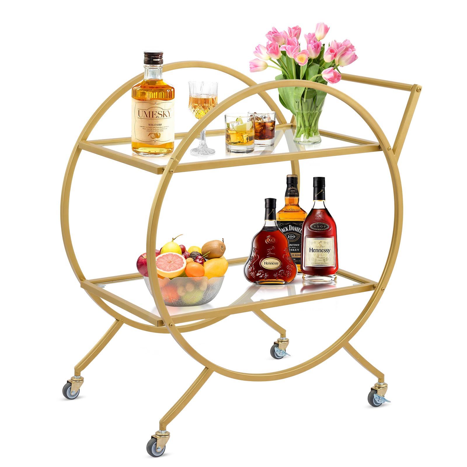 Metal Wine Cart: Round, 2 Mirrored Shelves, Rolling Design
