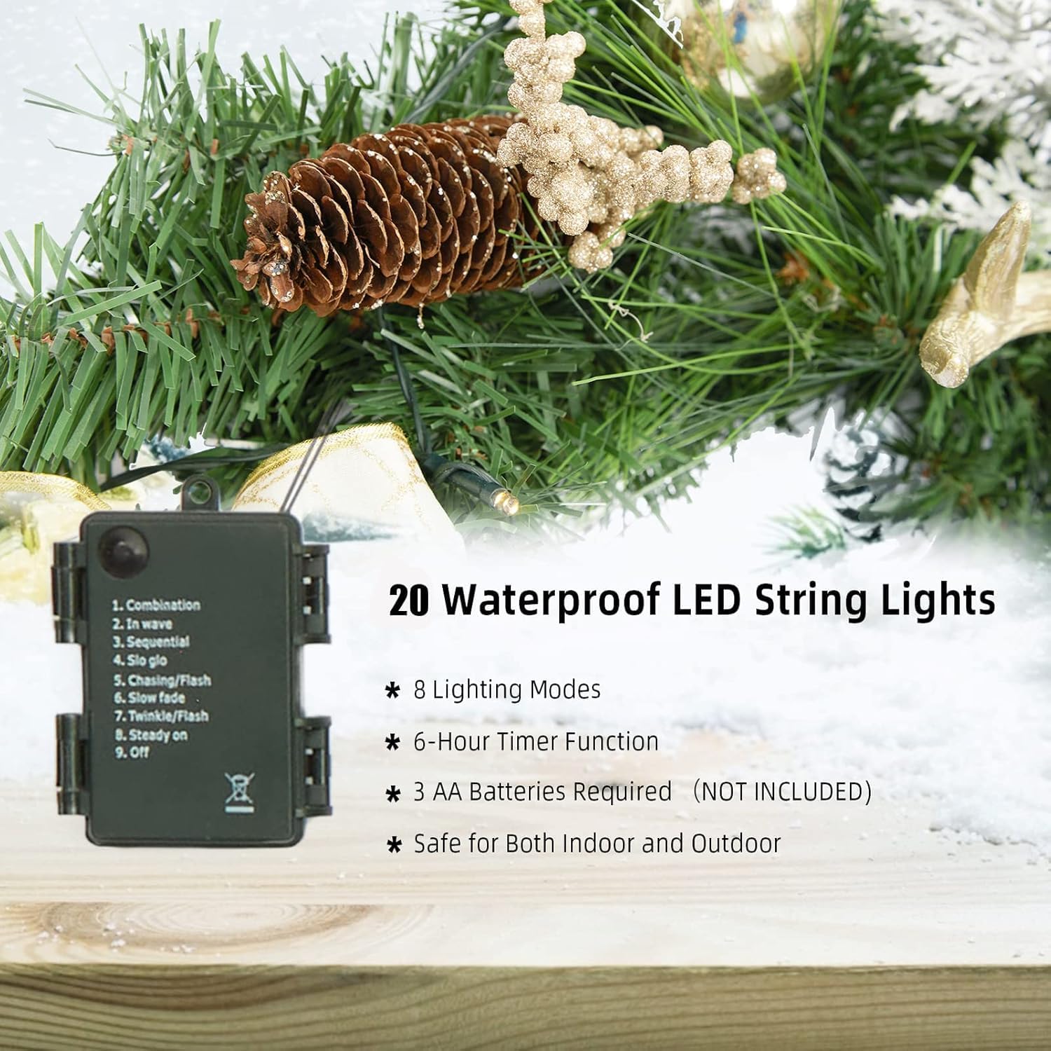 Garvee Christmas Garland with 20 Led Lights, 6 Ft Pre-Lit Gold Xmas Garland with Faux Antlers Bow-Knot Ball Ornaments, Battery Operated Garland with Timer for Mantle Staircase Table Decoration