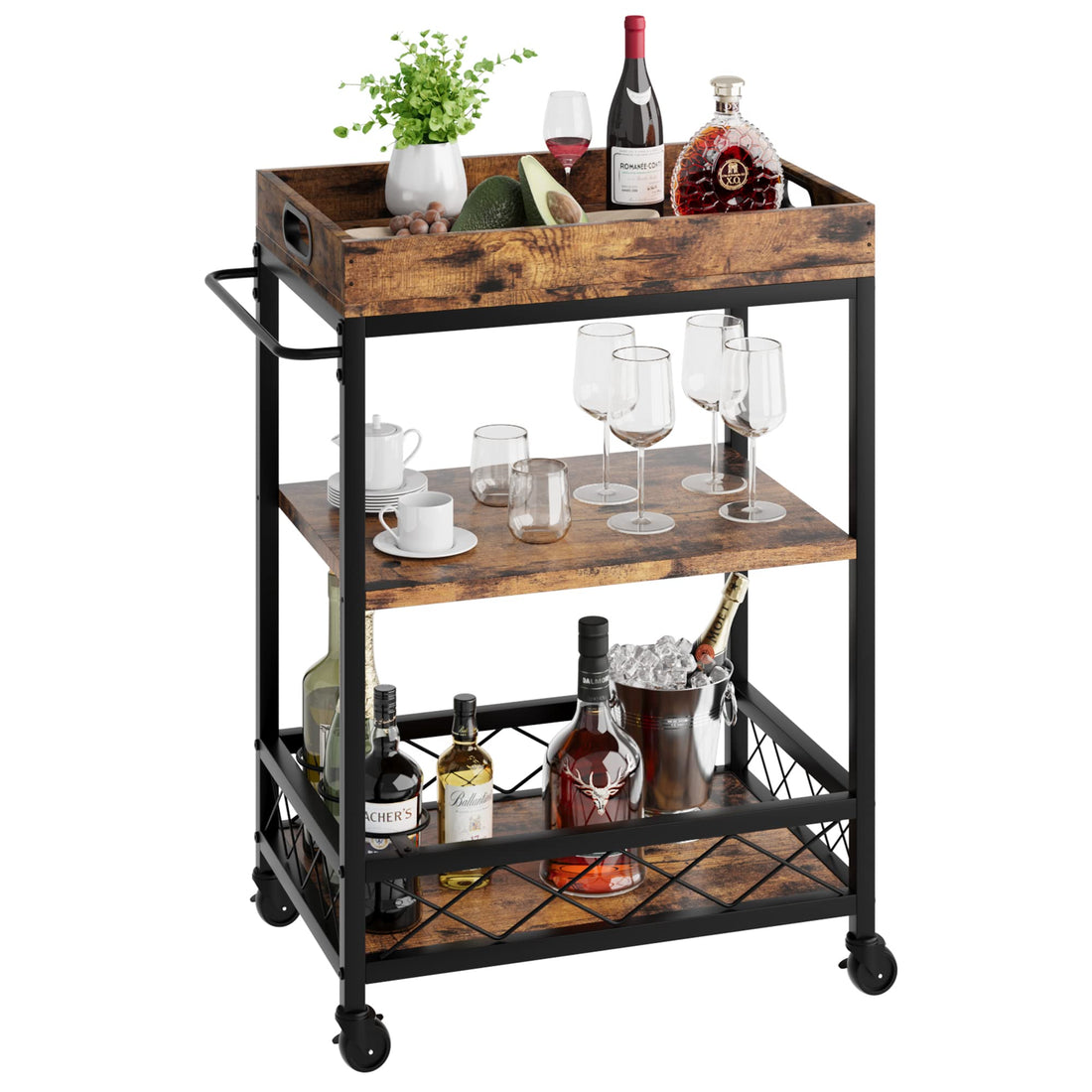 IDEALHOUSE Bar Carts for The Home, Bar Cart, Serving Cart with Wheels, 3 Tier Bar Cart with Wine Rack, Wheel Locks