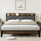Garvee King Size Metal Bed Frame with Charging Station, Metal King Platform Bed with Storage Shelf and Upholstered Headboard, Steel Slats Support, No Box Spring Needed, Easy Assembly, Grey - Grey
