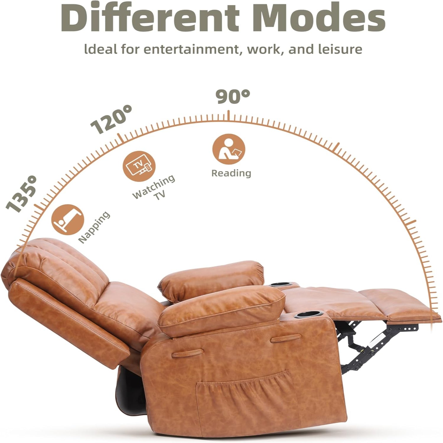 Garvee 22" Massage Recliner Chair for Adults, Lazy Boy Recliner with Massage, 150% Sponge Filling, Side Pockets, and Cup Holders, for Living Room, Bedroom, and Nursery, Vintage Leather