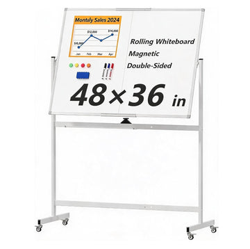 Garvee White Board On Wheels 48"x36" Double-Sided 4' x 3' Portable Standing Magnetic Dry Erase Board Easel for Home Office Classroom School,Easy Clean & Flip