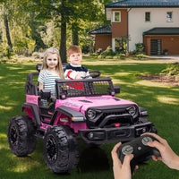 2 Seats Battery Powered Electric Truck with Remote Control, 24V Kids Ride on Toy with 20inch Extra Width Seat for 3-8 Years Kids