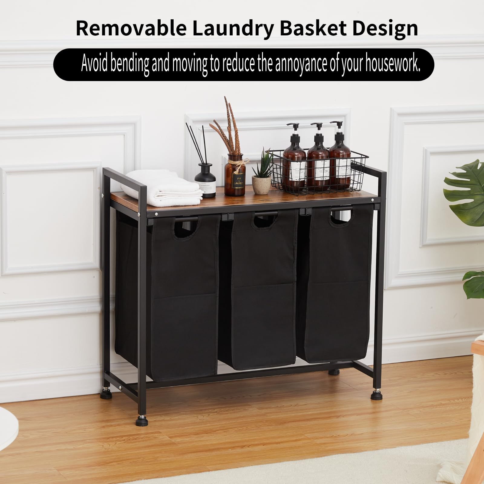 Laundry Hamper, Laundry Bags & 2 Tier Adjustable Storage Shelf, Pull-Out and Removable Oxford Fabric Laundry Baskets, for Home/Hotel Black
