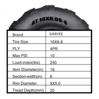 Garvee Go-Kart Sport ATV Tires Set of 4 16X6.00-8 Off-Road Tubeless Tires for Agricultural Machinery, Rugged Black