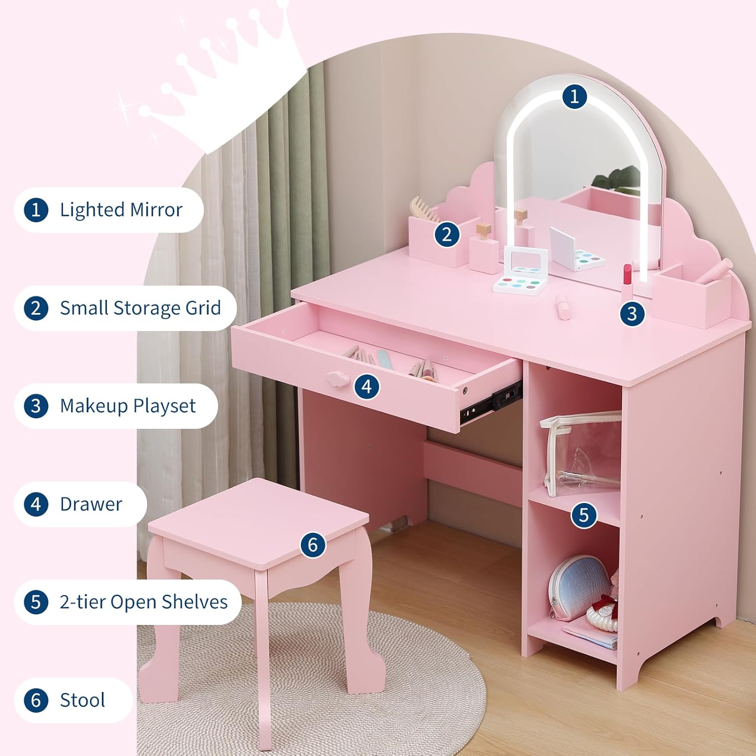 Garvee Kids Vanity with Lighted Mirror & Stool, 2 In 1 Little Girls Vanity and Wooden Makeup Playset with Adjustable LED Light, Storage Drawer & Shelves for Girls 3-9, Pink