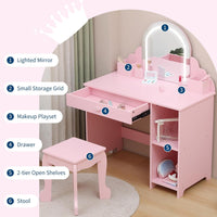 Garvee Kids Vanity with Lighted Mirror & Stool, 2 In 1 Little Girls Vanity and Wooden Makeup Playset with Adjustable LED Light, Storage Drawer & Shelves for Girls 3-9, Pink