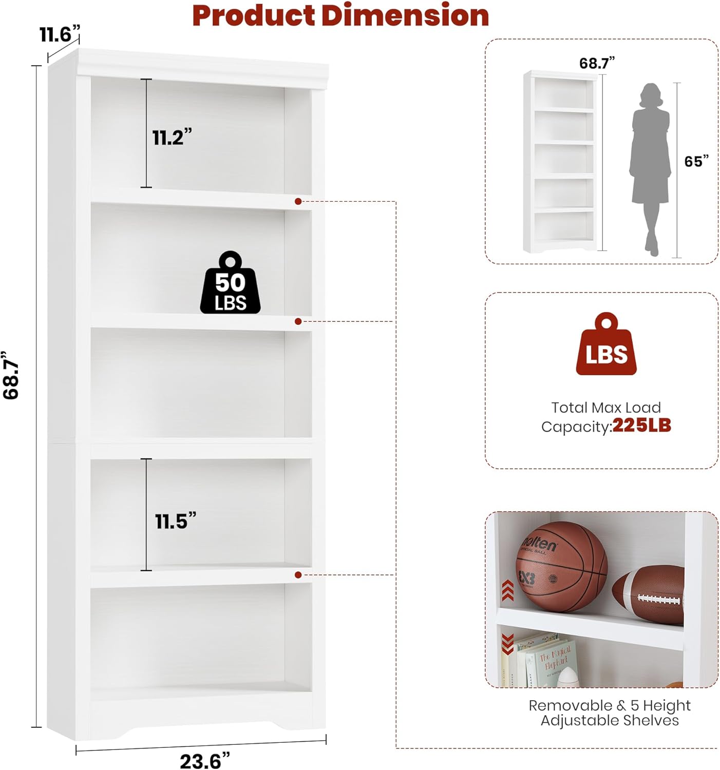 Garvee 5 Tier Bookshelf, 69" Tall Farmhouse Bookcase with Adjustable Shelves, 23.6" W Floor Standing Open Display Storage Rack with Anti-Slip Design for Home Office, Balcony, Library, Study / Living Room, White