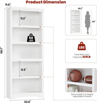 Garvee 5 Tier Bookshelf, 69" Tall Farmhouse Bookcase with Adjustable Shelves, 23.6" W Floor Standing Open Display Storage Rack with Anti-Slip Design for Home Office, Balcony, Library, Study / Living Room, White