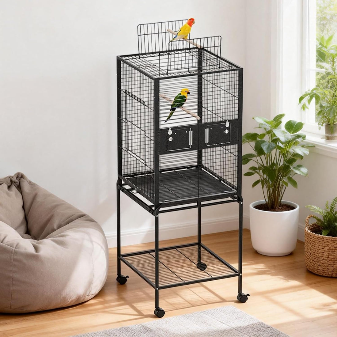 Garvee Bird Cage with Wheels, Durable Wrought Iron Parakeet Cage with Slide Out Tray, 63 Inch Black Bird Cages for Parakeets Lovebird Cockatiels Budgies and Other Small Medium Birds, Black