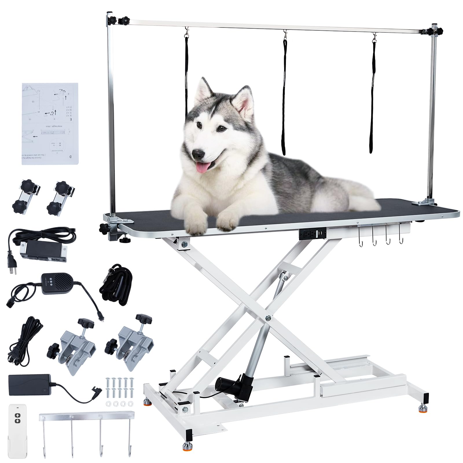 48" Electric Dog Grooming Table Stainless Steel Non slip Surface Remote Lifting Pet Grooming Table Adjustable Overhead Arm & Noose Home Use