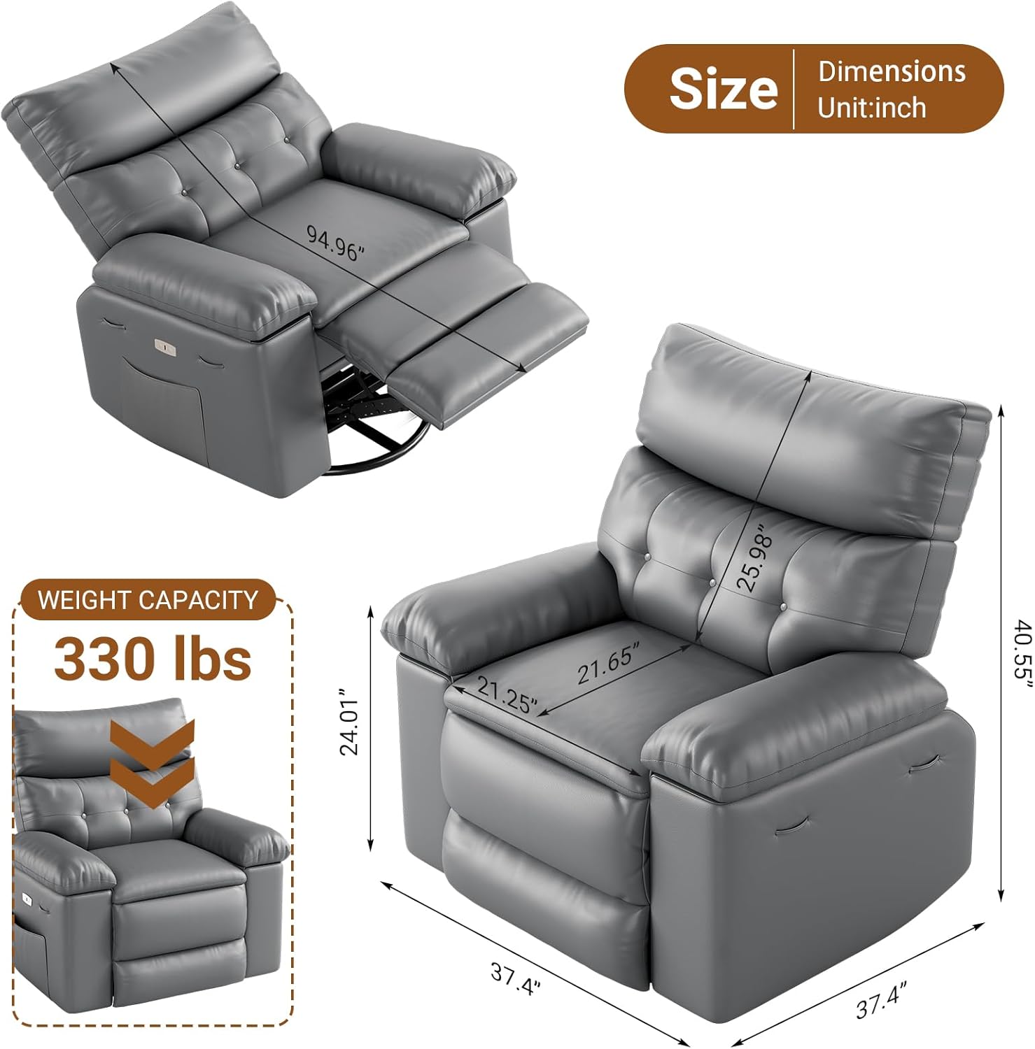Garvee Power Recliner Rocker Swivel Chair with Heat & Massage – Electric PU Leather Glider, Tall Back, Padded Seat, USB Port, Lift Assist for Living Room, Bedroom, Nursery – Gray