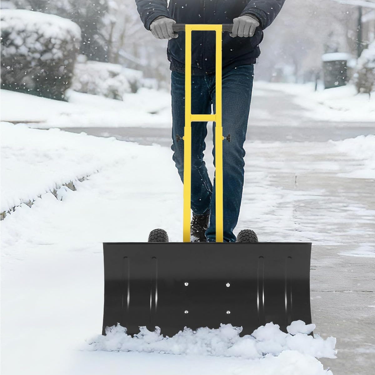 Garvee Wheeled Snow Shovel 29x14 Double-Rod Metal Snow Pusher 5-Angle Adjustable T-Handle Rubber Wheels for Driveways Sidewalks Doorways