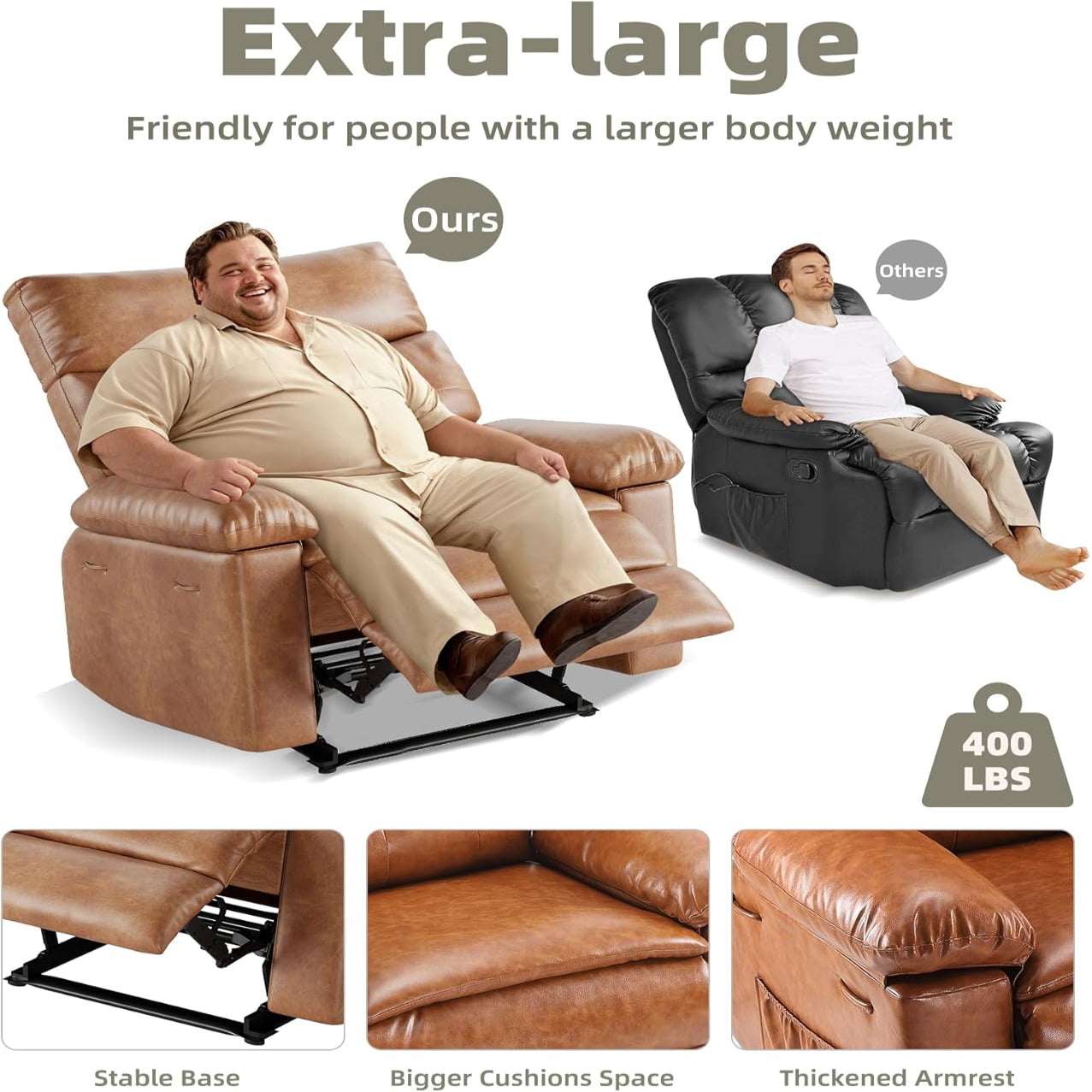 Garvee Recliner Chair for Adults, PU Leather Manual Recliner with Side Pocket, Lazy Chair with 1.5X Sponge Comfort Arm and Back for Living Room, Bedroom, Brown