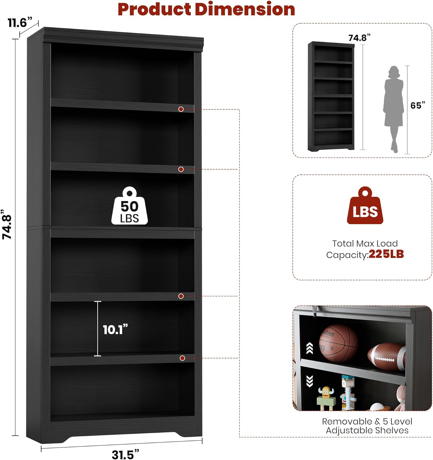Garvee 6 Tier Bookshelf, 75" Tall Farmhouse Bookcase with Adjustable Shelves, 31.5" W Floor Standing Open Display Storage Rack with Anti-Slip Design for Home Office, Balcony, Library, Study / Living Room, Black
