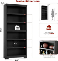 Garvee 6 Tier Bookshelf, 75" Tall Farmhouse Bookcase with Adjustable Shelves, 31.5" W Floor Standing Open Display Storage Rack with Anti-Slip Design for Home Office, Balcony, Library, Study / Living Room, Black