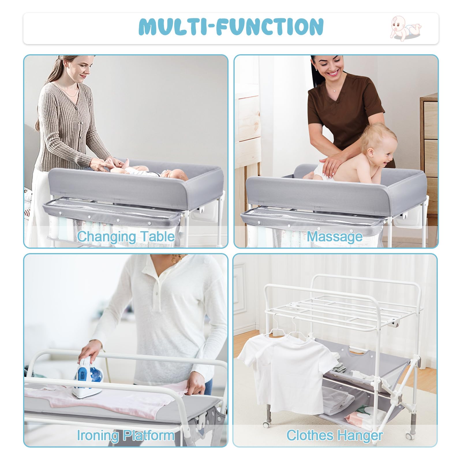Portable Baby Changing Table, Foldable Diaper Change Table with Wheels, Adjustable Height, Cleaning Bucket, Changing Station for Infant Mobile Nursery Organizer for Newborn