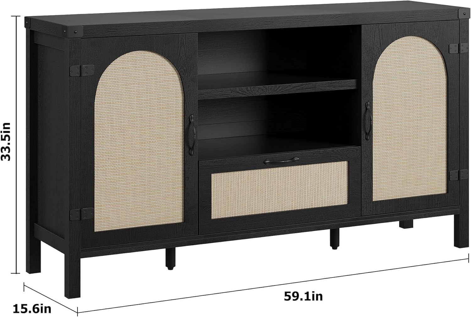 Garvee 59" Boho Rattan Sideboard Buffet Cabinet with Drawer and Open Shelves for Dining Room, Black
