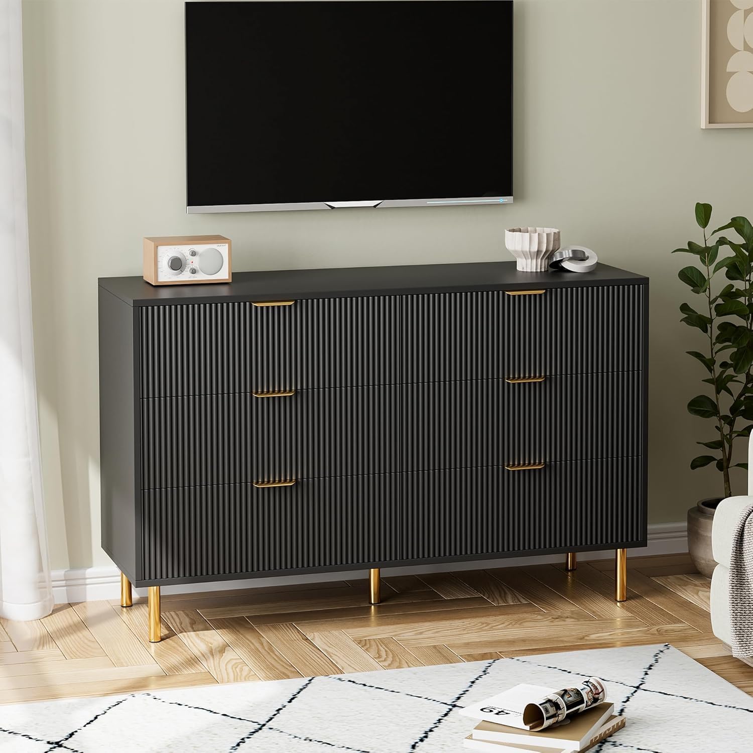 Garvee Black Dresser, Modern 6 Drawer Dresser for Bedroom with Gold Handle and Large Drawer, Wood Double Chest of Drawers and Storage Organizer for Living Room, Hallway, Entryway