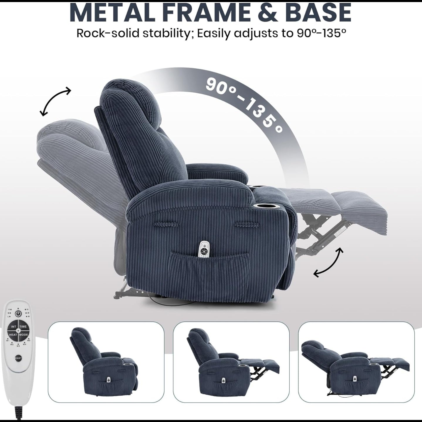 Garvee Power Lift Recliner Chair for Elderly, Electric Lift Chair with Massage and Heat, 135°Adjustable Corduroy Electric Recliner Chairs with 2 Cup Holders and Stand Assist for Living Room, Blue