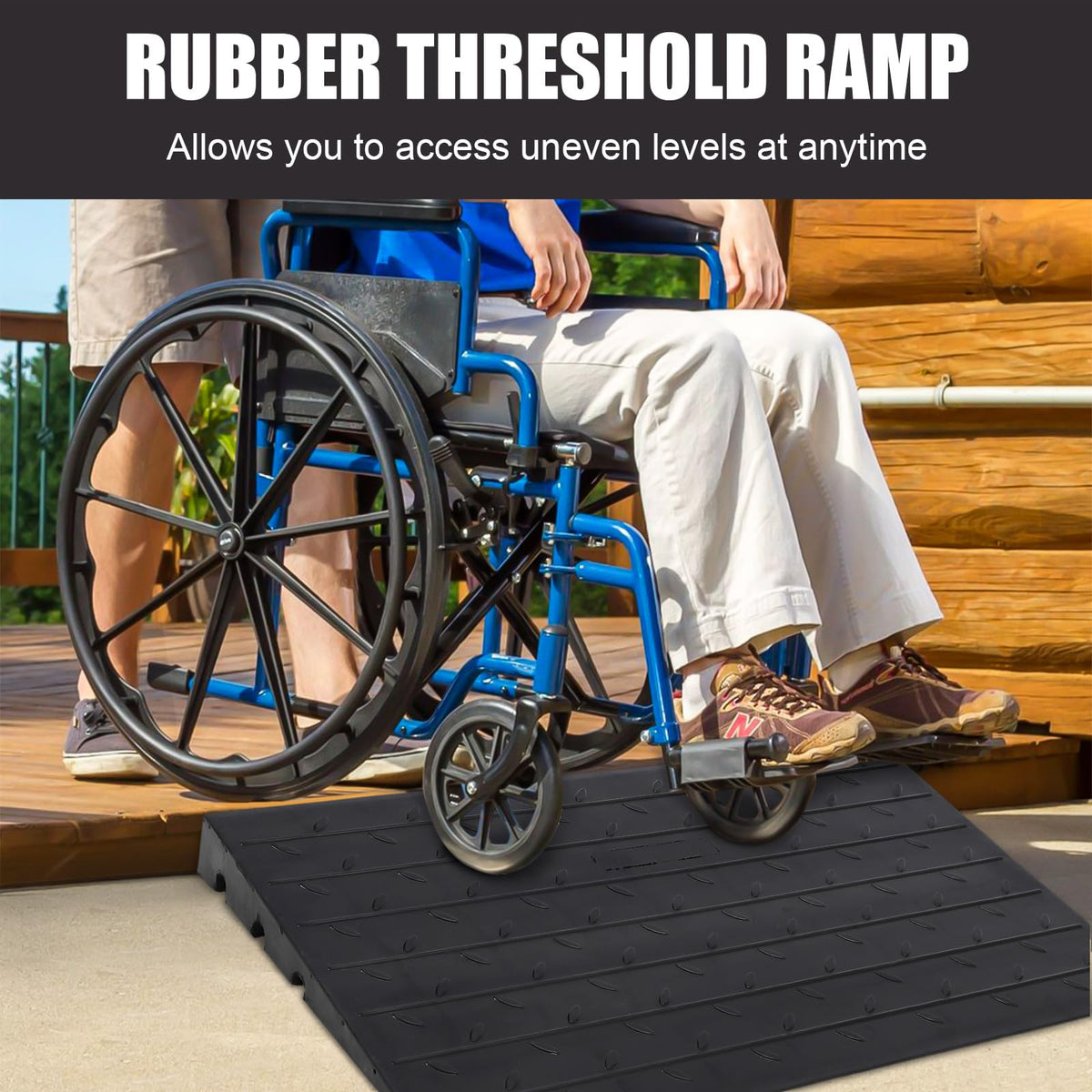 GARVEE rubber threshold ramp used with a wheelchair at an outdoor step