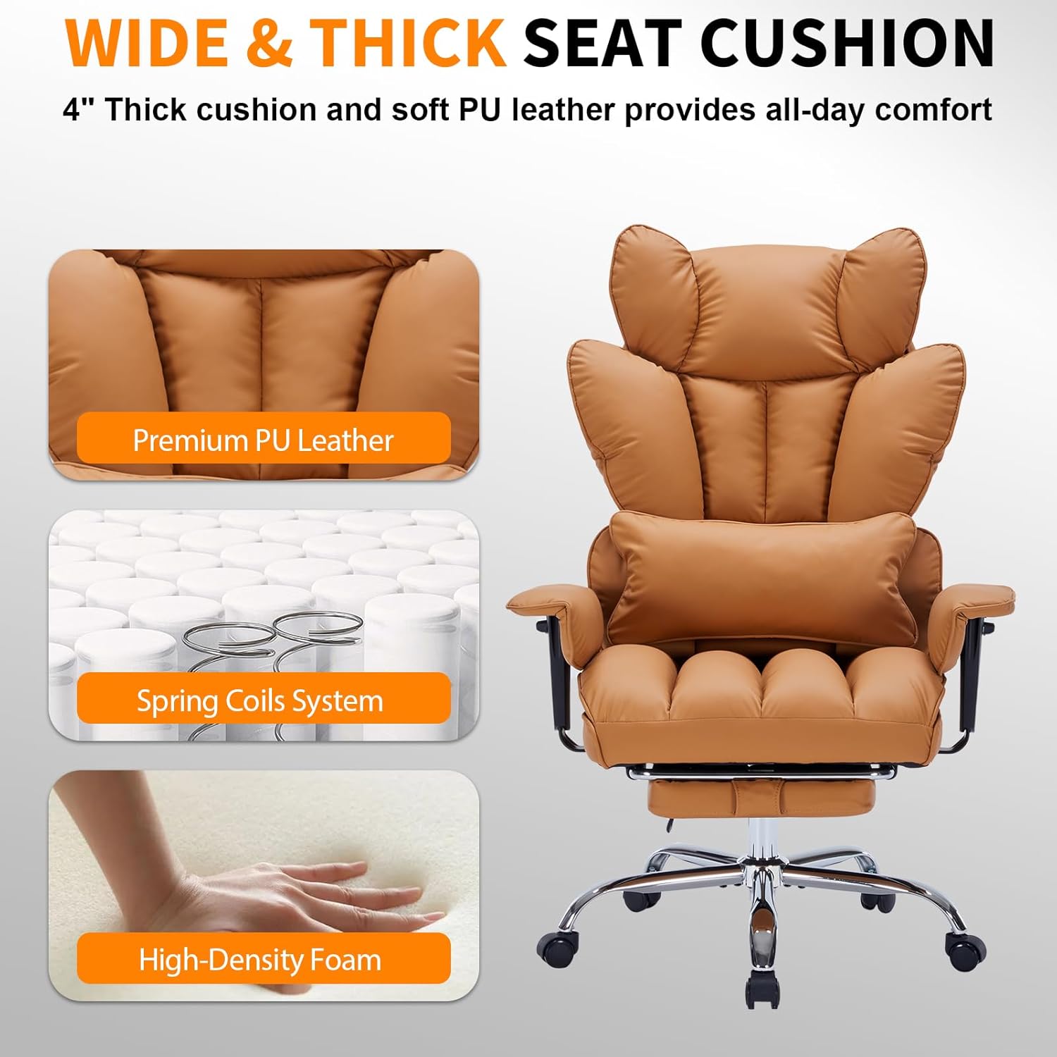 Garvee Big and Tall Computer Gaming Desk Chair, 400 LBS Capacity, Ergonomic High-Back Executive Office Chair with Footrest, Padded Adjustable Armrest, for Heavy People, Long Hours, Brown